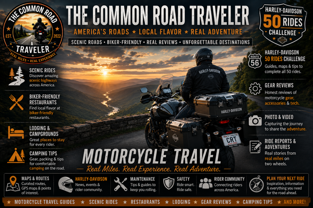 The Common Road Traveler featuring motorcycle travel across America, Harley-Davidson rides, biker-friendly restaurants, lodging, gear reviews, camping tips, and scenic routes.